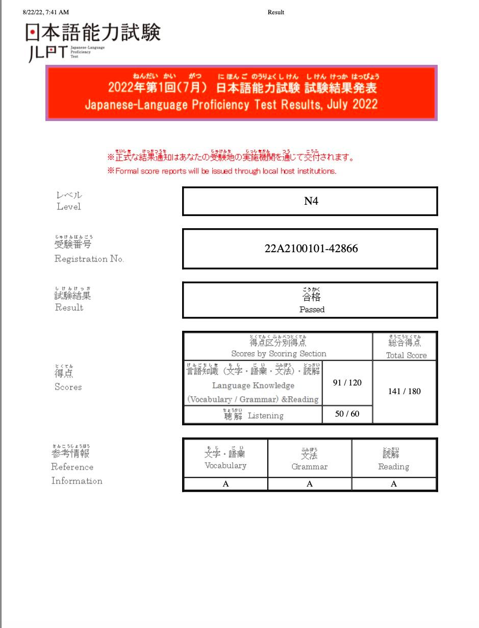 JLPT N4合格証明書。